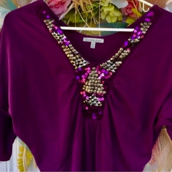 Charlotte Russe VTG Y2K Top Bohemian Purple Sequins Deep V-Ruched 3/4 Sleeve M - Picture 13 of 16